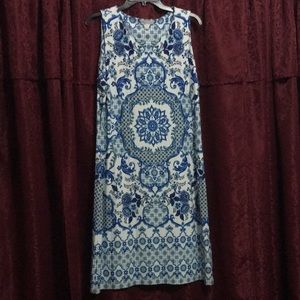 Mid thigh soft blue and white dress.